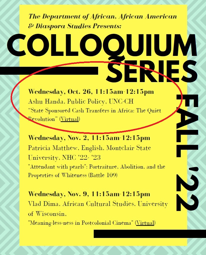 TransferProjct's tweet photo. ‼️ HAPPENING TOMORROW (OCT. 26th) at 11:15am EST ‼️

@ashudirect discusses state sponsored cash transfers in Africa with the UNC Department of African, African American, and Diaspora Studies @UNC_AAAD 

👉 Zoom link info here: https://t.co/tgBMgl8VPR https://t.co/Fp08OZwbnA