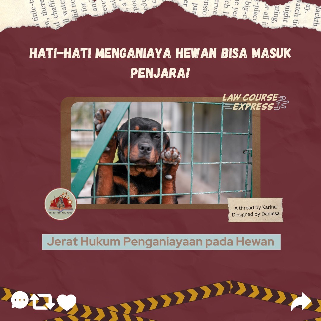 Inspiralaw_id's tweet photo. Sudah tahu belum kalau menganiaya hewan bisa masuk penjara? Lalu, apa aja sih sanksi hukum bagi pelaku penganiayaan hewan?🤔

Yuk, simak thread dari #LawCourseExpress, yaa!😍

“Hati-Hati Menganiaya Hewan Bisa Masuk Penjara: Jerat Hukum Penganiayaan pada Hewan”

[A Thread] https://t.co/79pTifunYi