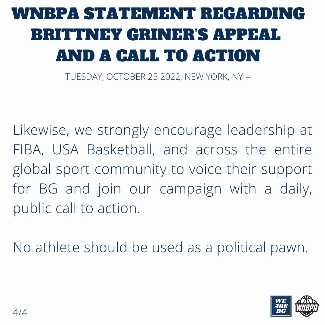 WNBPA Statement Regarding Brittney Griner's Appeal and a Call to Action.

#WeAreBG
#BringBGHome