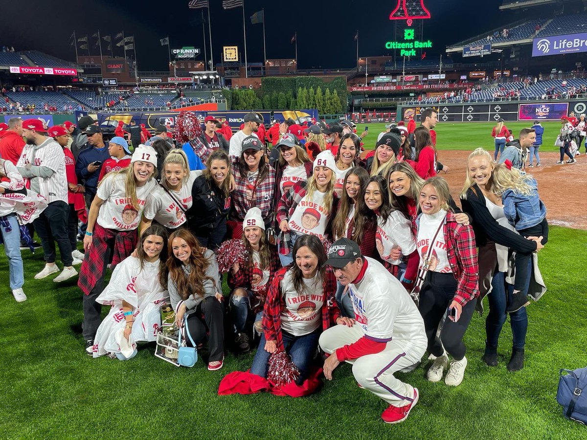 JClarkNBCS's tweet photo. How much do the Phillies love their manager Rob Thomson?

Phils wives &amp; girlfriends wore
 “I Ride with Philly Rob” shirts to clinching NLCS Game 5. 
They surprised Rob’s wife Michele Thomson and she was in tears, according to @ToddZolecki https://t.co/ws933TLUXZ