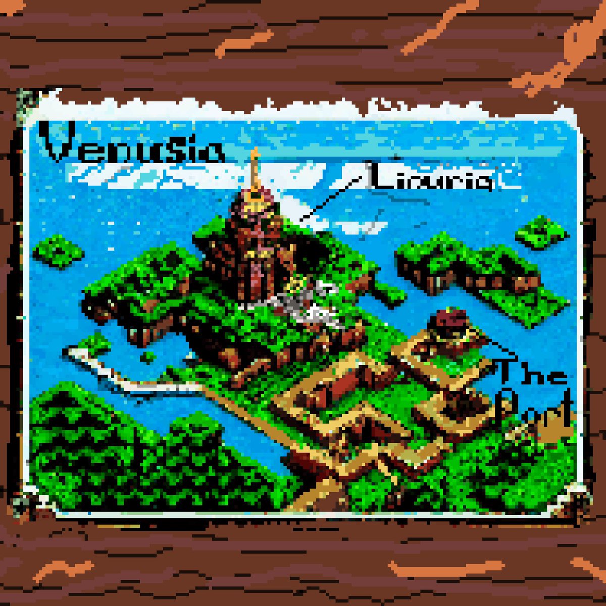 pixlosopher's tweet photo. GM from Venusia, Signore, signori. 👀 #gm #pixelart #postcard #map #creatingworlds https://t.co/3696BkBpls