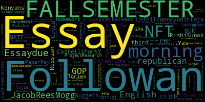 infokalyptisch's tweet photo. Trending in my timeline now: #Followan (7) #Essay (6) #FALLSEMESTER (5) #morning (5) #NFT (4) #English (3) #JacobReesMogg (3) #GOP (3) https://t.co/rl20WnwQdM