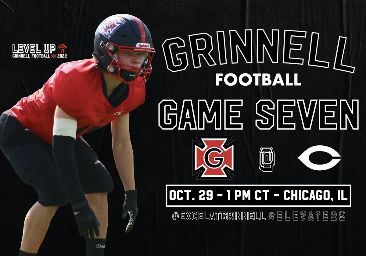 Grinnell_FB's tweet photo. G A M E S E V E N
Pioneers head to the Windy City for a matchup with the Maroons!
Game 7⃣
🆚: University of Chicago
📆: Oct. 29, 2022
⏰: 1 PM CT
📍: Stagg Field, Chicago, IL
#ExcelatGrinnell #ELEVATE22 https://t.co/9pUay9ElFW