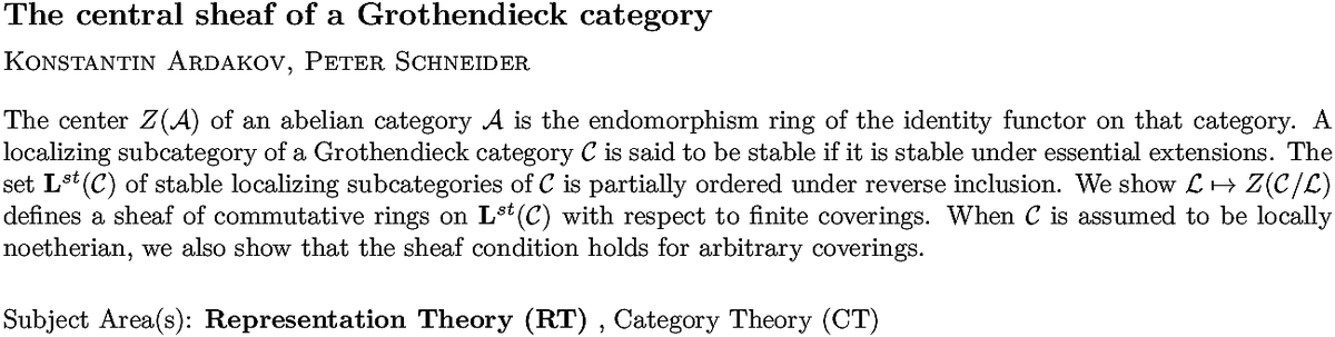 arxiv.org/abs/2210.12419…
K Ardakov, P Schneider
The central sheaf of a Grothendieck category