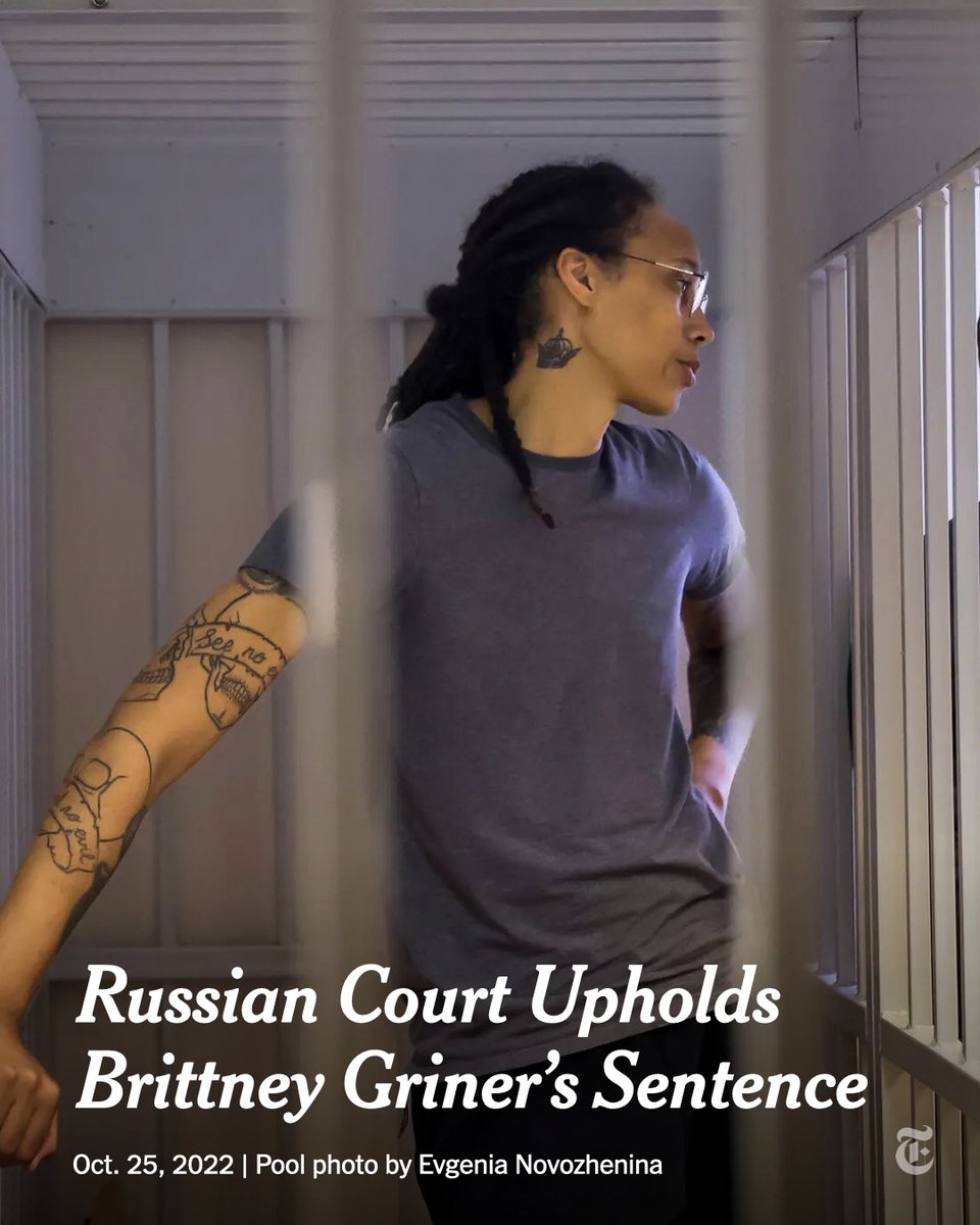 nytimes's tweet photo. A Russian court upheld Brittney Griner’s sentence on drug charges, clearing the way for her to serve a nine-year prison term, unless the U.S. can negotiate her release.

The basketball star has been held at a detention center since her arrest in February. https://t.co/TAU4Wb5f0d https://t.co/UwcFuAacaJ