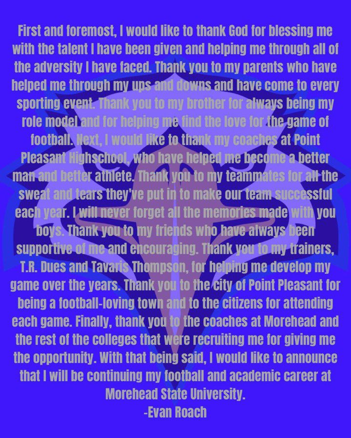 EvanRoach14's tweet photo. 🔵🟡After thoughts and prayers with my family I am beyond blessed to say I will be committing to MOREHEAD STATE UNIVERSITY🔵🟡 @PPJSHSFootball @dldarst @TerryRollins72 @PullUpNRek304 @_Superior_Speed @FishbackMiles @RobTenyerMSU https://t.co/q1Y0d2SlIZ