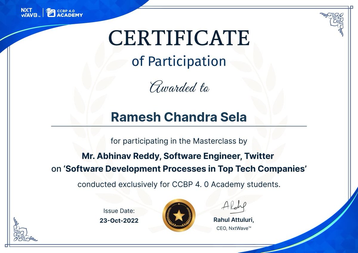 SRamesh1922's tweet photo. Hii everyone 🙂
I'm happy to share this participation certificate on  attending masterclass by Mr.Abhinav Reddy which was
Conducted last sunday
#learnmore
@nxtwave_tech 
@rahulattuluri 
@avinashdara 
#ccbp 
#podcasts https://t.co/AZAeqqqLu4