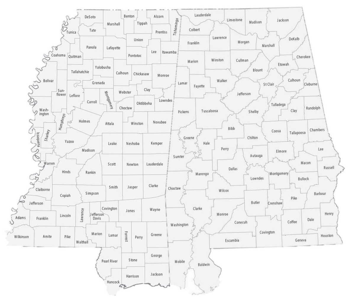 Hi friends, I wanted to remind you that watches &amp; warnings are issued by counties &amp; not by city names. For those who are new to the state or are visiting, here is a map of the AL &amp; MS counties. It is a great idea to know your county and the counties around you just in case!