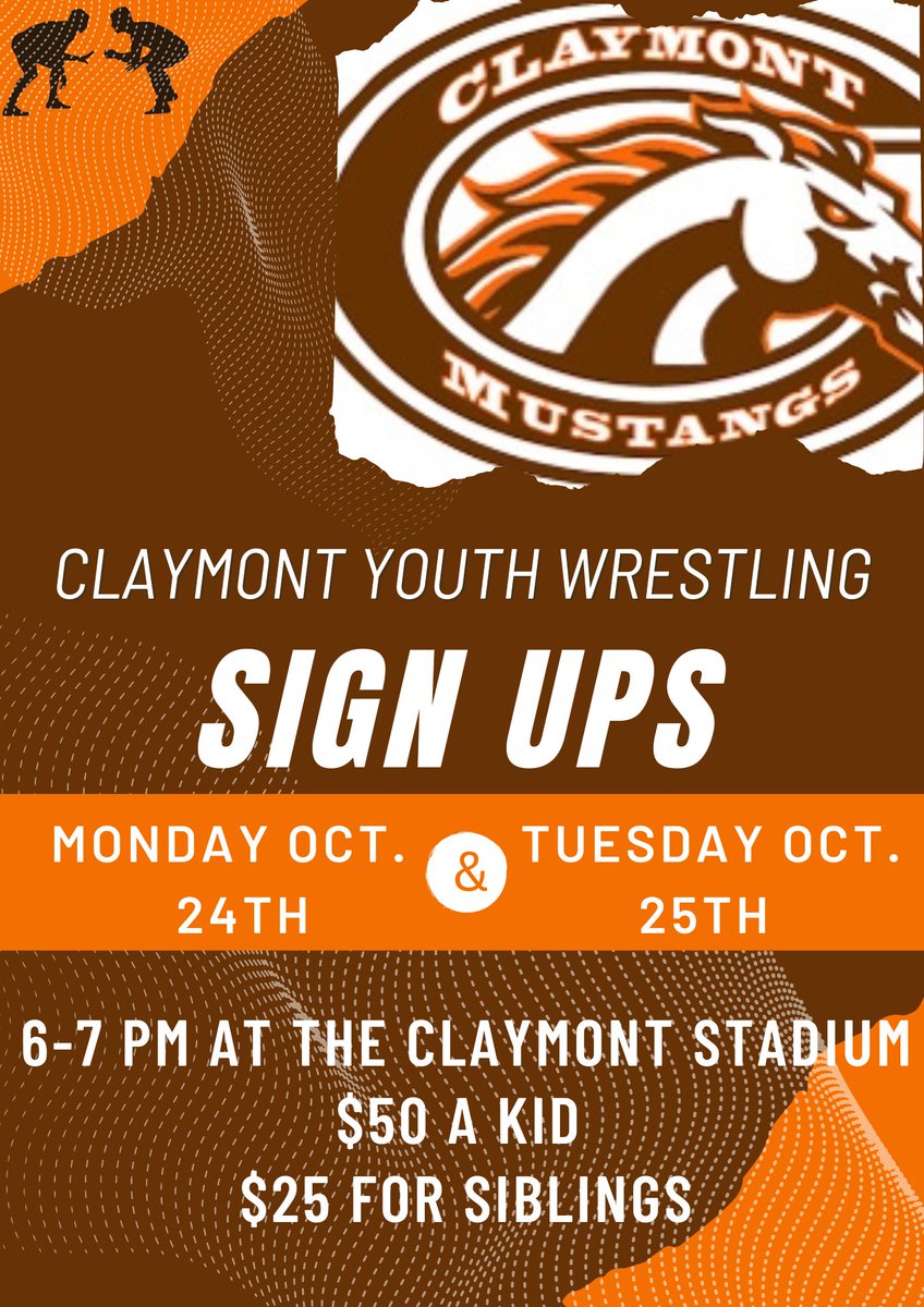 kclark_03's tweet photo. We have another night of youth wrestling sign ups. If you couldn’t make it last night we have them tonight from 6-7 at the Claymont Stadium! #STANGS 🟠🐴🟤🤼 https://t.co/3RS8B15XC6