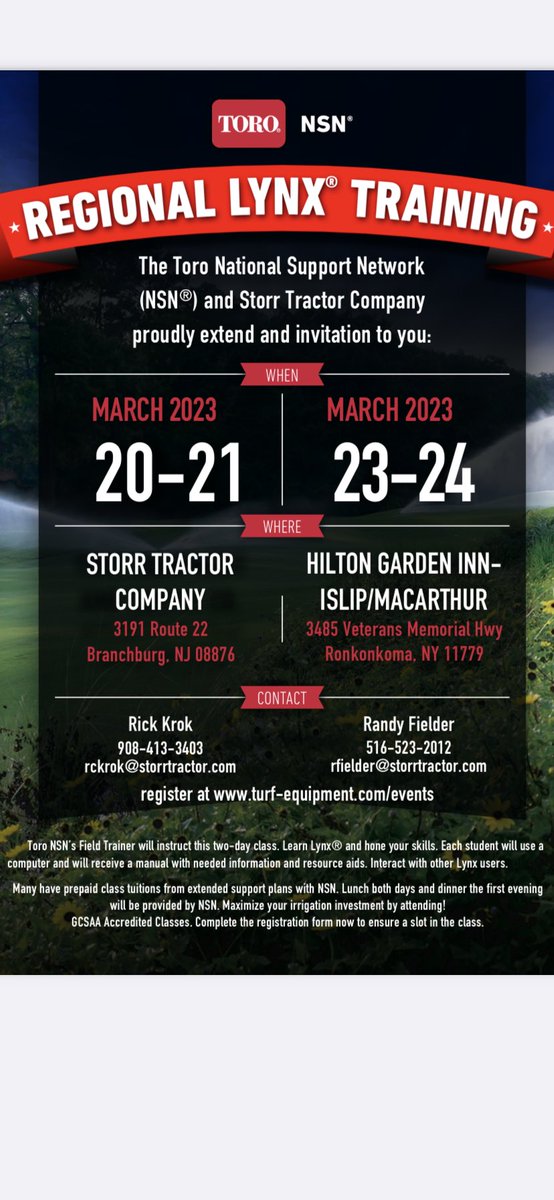 Time to get signed up for NSN training.        Learn to Maximize your watering efficiency to get the most out of your Toro system. Also a great opportunity to learn about the updated Lynx 8.0 software and it’s new features.