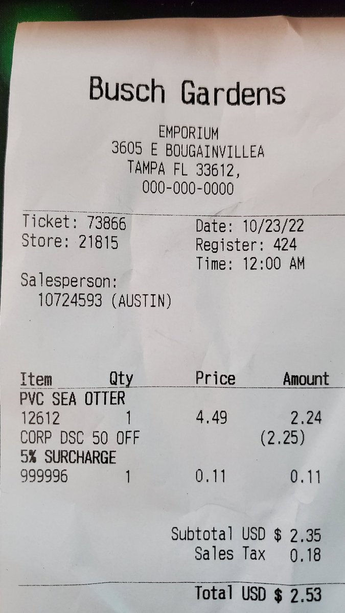 NormSnook1011's tweet photo. @BuschGardens I already paid for admission and the ridiculous parking fee. What's with this 5% surcharge tacked on to in park purchases? https://t.co/LWjnuHy5HJ