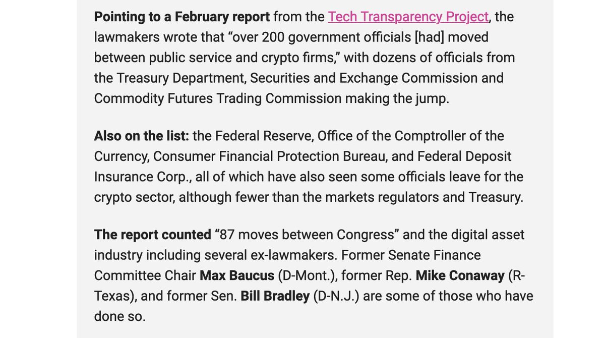 First in @PunchbowlNews this morning: @SenWarren and @RepAOC sent a series of letters to financial regulators yesterday asking about their efforts to limit former officials from joining the crypto sector.