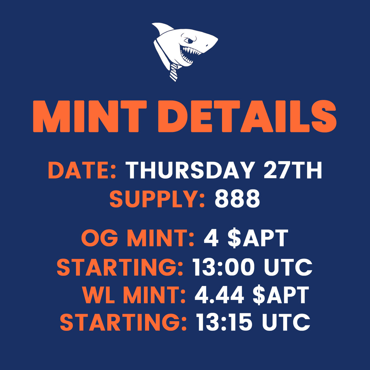 BusinessShark_'s tweet photo. 🦈​OFFICIAL MINT DETAILS🦈​

Mint Date: Thursday 27th
Supply: 888 NFT
OG Price: 4 $APTOS
Start: 13:00 UTC
WL Price: 4.44 $APT
Start: 13:15 UTC

OG Guaranteed, 1 per wallet
Whitelist have unlimited mints per Wallet

📍After SOLD OUT collection will be listed in @TopazMarket https://t.co/cSKGifstxH