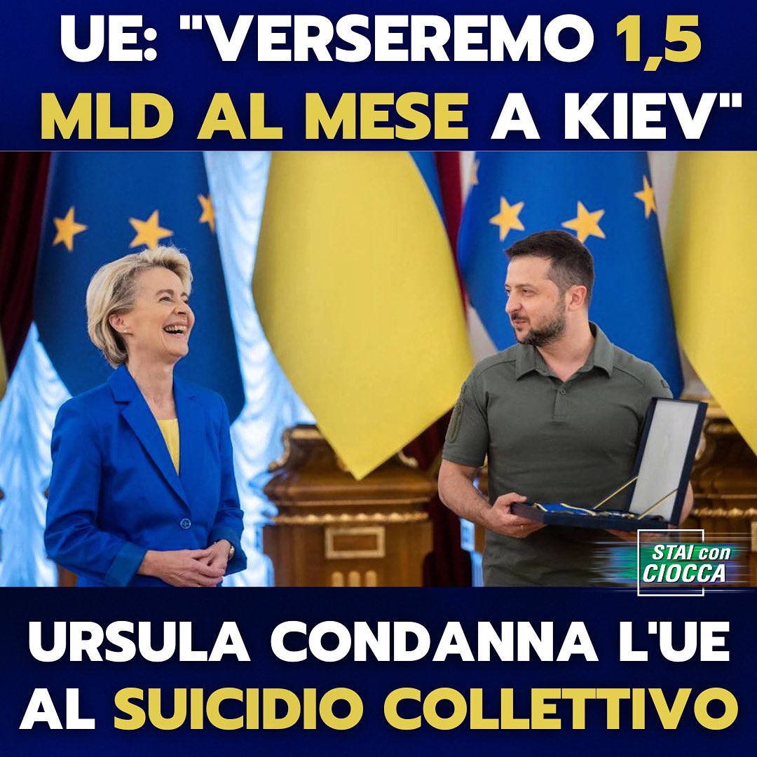 AngeloCiocca's tweet photo. Mentre la maggioranza dei cittadini europei ed italiani non ha più soldi per pagare le #bollette derivanti dal caro #energia e migliaia di imprese agroalimentari ed industriali, soprattutto del #Nord Italia, stanno chiudendo, l’Ue decide di versare 1,5 mld al mese a #Zelensky https://t.co/yIB5M9TcGP