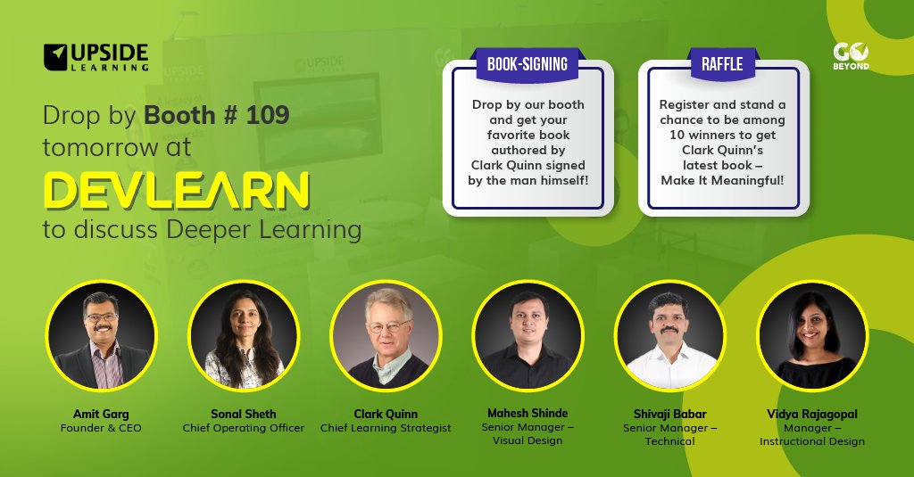 UpsideLearning's tweet photo. Upside Learning will be at Booth #109 at DevLearn tomorrow through October 28, 2022.
Our team is looking forward to meeting you and talking about deeper learning. We are ready? Are you?
#DevLearn #conference #learning #development #LnD #LnDGoBeyond #deeperlearning #UpsideLearning https://t.co/bb17a93Yzk