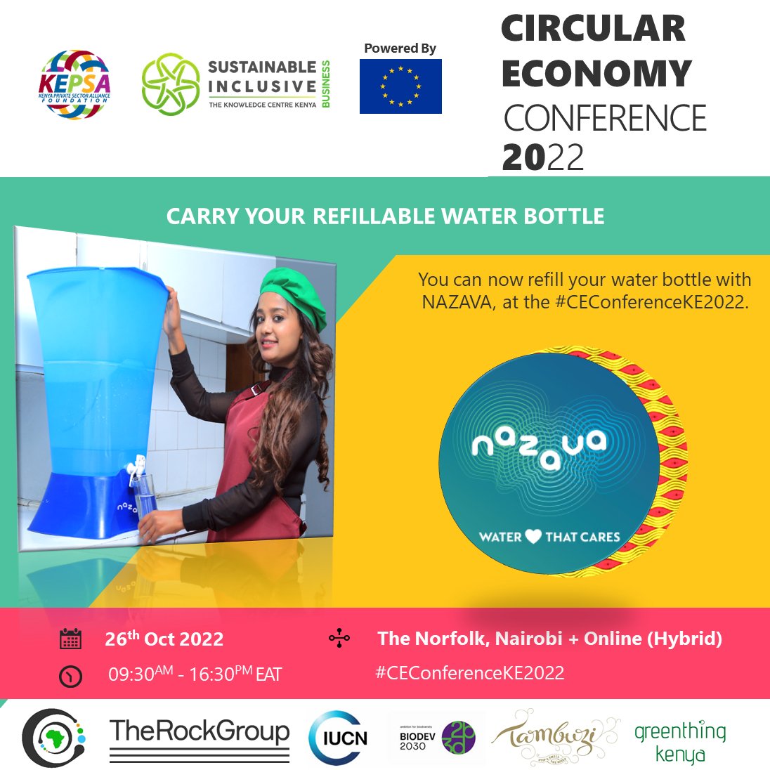 Good news to all our physical #CEConferenceKe2022 participants at the Norfolk. We will provide water refill stations courtesy of <a href="/NazavaWater/">Nazava Water Filters</a>. 

Bring your refillable water bottles tomorrow, and let's keep the circular practices alive.