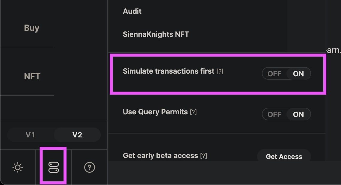 sienna_network's tweet photo. 💡 Tip: Enable transaction simulation to prevent errors caused by inaccurate gas estimates! 🧑‍💻 ⚡ 

1️⃣ Navigate to the bottom-left corner of the Sienna app.
2️⃣ Click on "View settings". 
3️⃣ Switch the "Simulate transactions first" toggle button from "OFF" to "ON". 

$SIENNA $SCRT https://t.co/LXA9vG9Qyv
