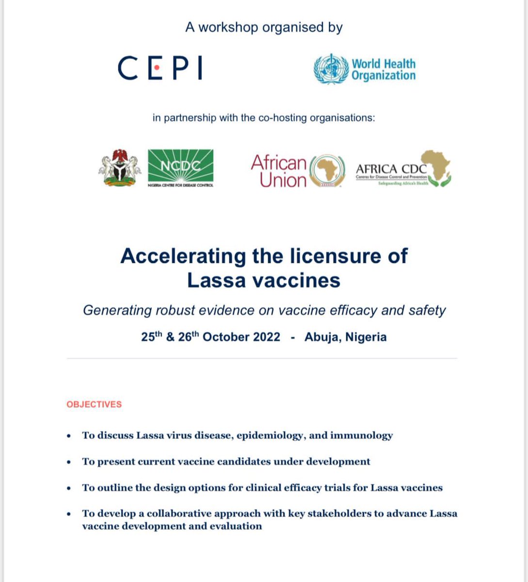 Chikwe_I's tweet photo. Delighted to see @WHO convene a meeting with @CEPIvaccines @NCDCgov @AfricaCDC in Abuja, to deliberate the options we have as a global community to accelerate the development &amp; licensure of #Lassafever vaccines
 
Proud of the role of West African institutions in driving this work https://t.co/EjWeXoNFed