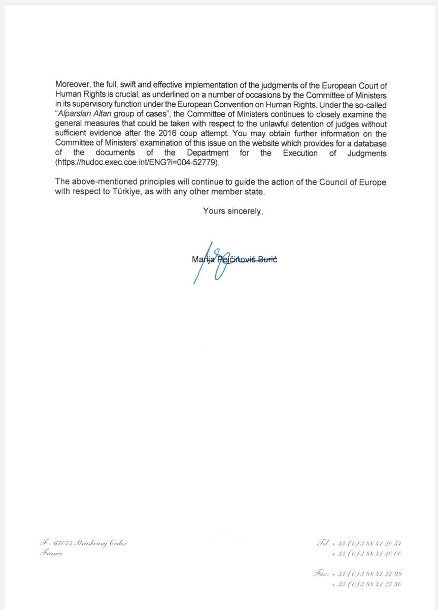 The Secretary General of the @coe, @MarijaPBuric, has replied to the letter sent by the Platform for an Independent Judiciary in Turkey (@MedelEurope, @EAJ_AEM_ERV, @AEAJ2000 and @Judges4J) on October 17th, regarding the situation of the Rule of Law in #Turkey.