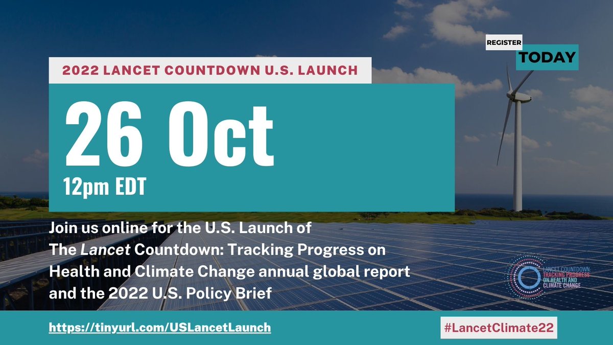 ReneeNSalas_MD's tweet photo. Please join us tomorrow (Wed, 10/26/22) from 12-1:30 PM EST for the virtual launch of the 2022 @LancetCountdown Global Report &amp; U.S. Brief. Embargo lifts tonight.

Hear from @ginamccarthy46 @JWhiteNewsome46 &amp; more! #LancetClimate22

Details &amp; Registration:
https://t.co/5OGW7LIj98 https://t.co/jfXbeaZdjv