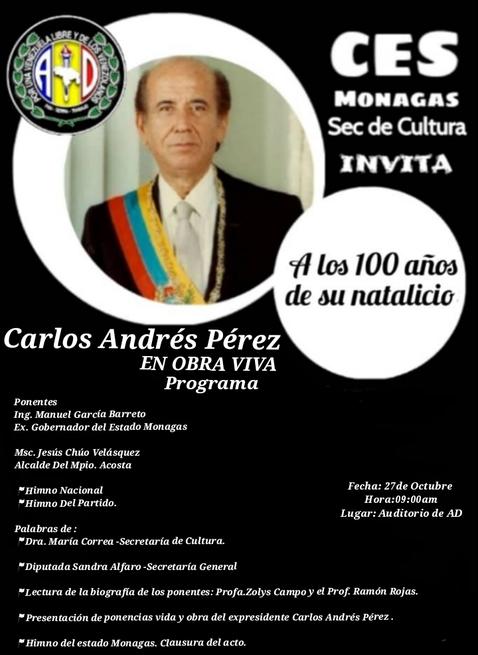 sandraalfaro's tweet photo. El CES de @ADemocratica #EnResistencia #Monagas rinde homenaje a CAP, "A los 100 años de su natalicio, CARLOS ANDRÉS PÉREZ EN OBRA VIVA"
@organizacionAD https://t.co/hGPNY52lY6