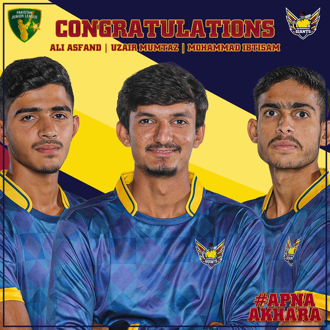 GiantsPJL's tweet photo. Congratulations to our boys Uzair Mumtaz, @AliAsfand_ &amp; Mohammad Ibtisam for making it to Pakistan U19 squad against Bangaldesh.

It's your time to shine! Makes us proud. Make it count.

#ApnaAkhara | #Next11 | #PJL https://t.co/a3HOBjQDvH