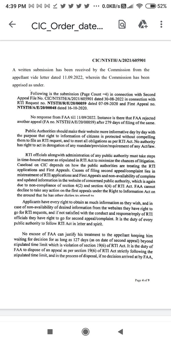 h_pongilath's tweet photo. Central Information Commission observed that the reply provided by the then #CPIO was inappropriate &amp; that a blanket denial of information under the garb of Section 8 (1) (j) of the #RTI Act was inadequate as no personal information of third party has been sought by the Appellant https://t.co/5HG10NVBtV