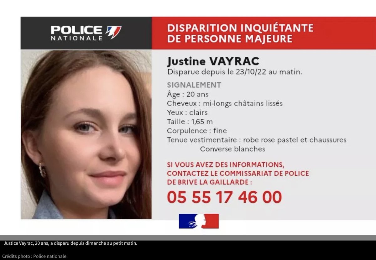 CABCLRUGBY's tweet photo. 🚨 Dans le cadre d'une procédure judiciaire, la police nationale de la Corrèze vous invite à communiquer tout élément susceptible de localiser Justine VAYRAC âgée de 20 ans disparue dimanche matin.

En cas d'informations, n'hésitez pas à contacter le commissariat de Brive 🙏 https://t.co/7fUxlZ07fq