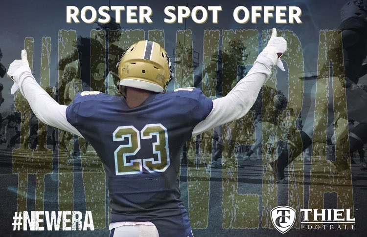 Derek22733974's tweet photo. Thankful to receive my 2nd offer to be able to Football and to  further my education @Thiel_Football! Huge thanks to @CoachJones55 @DJKoulianos_ for giving me this opportunity. https://t.co/ez0Q0wB5u2