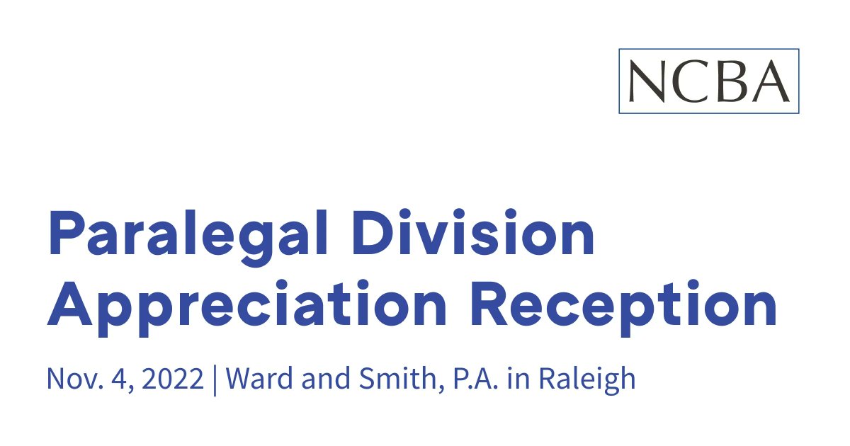 NCBA Paralegal Divison members are invited to join us for an event on Nov. 4 in observance of National Paralegal Day! This event will take place over appetizers and drinks at Ward and Smith, P.A. in Raleigh. 🎉 RSVP to attend the celebration: buff.ly/3yU1OSo.