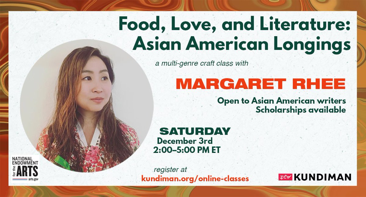 Food is a lens through which Asian American writers can look at the complexities of love. Develop your food writing skills in Margaret Rhee's (@mrheeloy) multi-genre craft class. Saturday, December 3rd, 2:00–5:00pm ET. Open to Asian American writers. kundiman.org/food-love