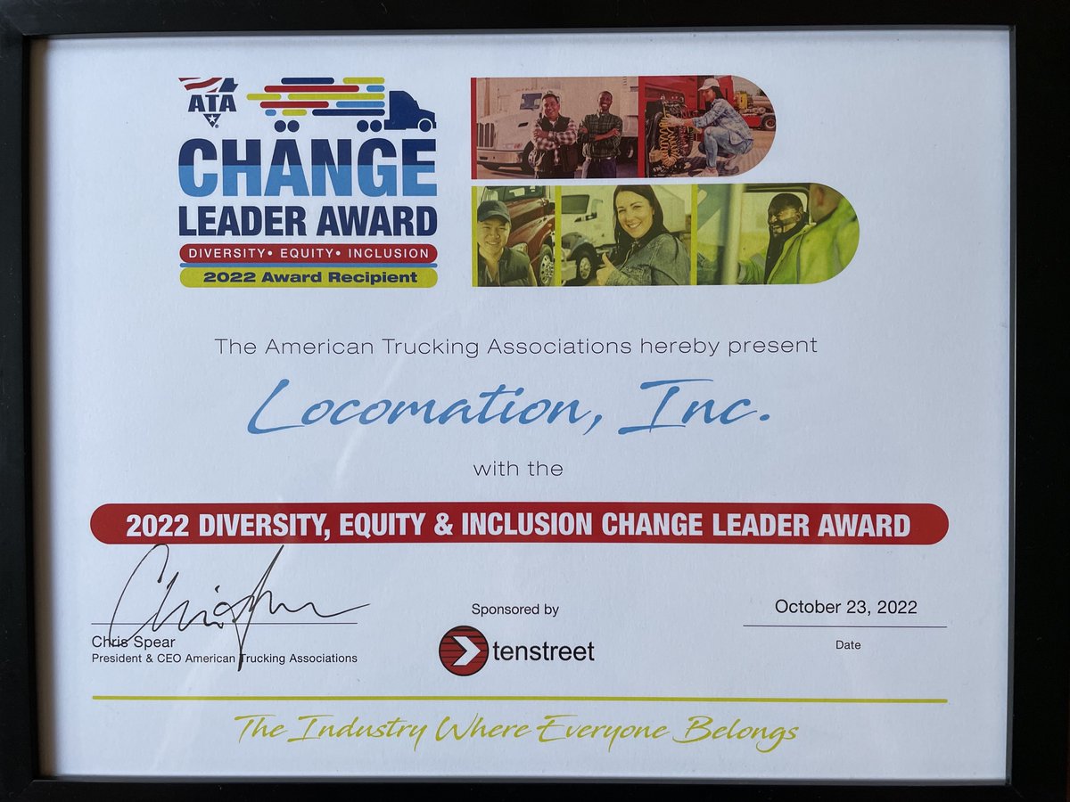 Great news! At the big <a href="/TRUCKINGdotORG/">American Trucking</a> #atamce22 conference, <a href="/LocomationAI/">Locomation, Inc.</a> received the Change Leader Award recognizing our diverse, equitable and inclusive #dei workplace. 

Here’s to building things the right way--from the start--and making #trucking better for people every day