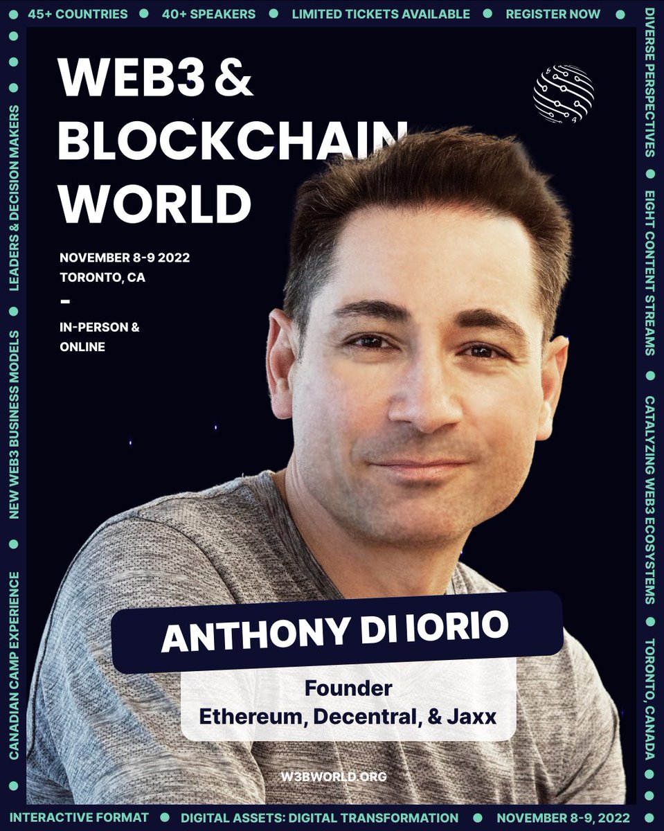 Yes, <a href="/diiorioanthony/">Anthony Di Iorio</a> is coming! Anthony founded &amp; co-founded Ethereum, the decentralized smart contract platform that at its peak hit $500 billion in market cap. Currently, he is the founder and CEO of <a href="/DECENTRALca/">Decentral</a>.

#W3B2022