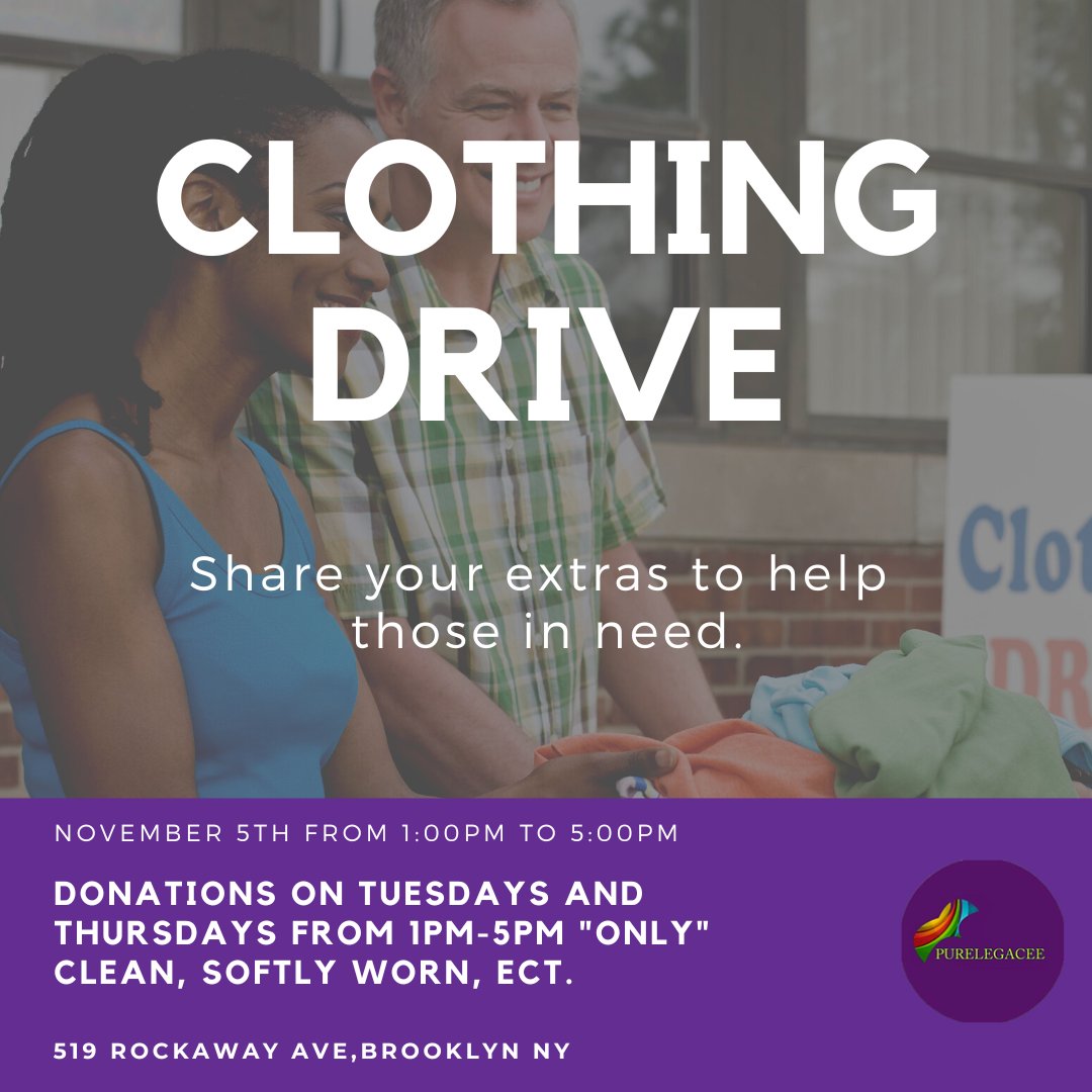 _purelegacee's tweet photo. 🚨 CLOTHING DRIVE 🚨

November 5th 1:00PM-5:00PM.

Donations on Tuesdays and Thursdays from 1pm-5pm "ONLY" clean, softly worn, ect. 

Drop Off: 519 Rockaway Ave,Brooklyn NY 

 #purelegacee #alternativetoincarceration  #nonprofit #Fostercare #youth #clothingdrive #donationsneeded https://t.co/34aV8Fvl6Q
