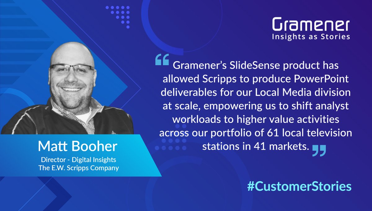 𝐒𝐥𝐢𝐝𝐞𝐒𝐞𝐧𝐬𝐞, 𝐨𝐮𝐫 𝐏𝐨𝐰𝐞𝐫𝐏𝐨𝐢𝐧𝐭 𝐚𝐮𝐭𝐨𝐦𝐚𝐭𝐢𝐨𝐧 𝐬𝐨𝐥𝐮𝐭𝐢𝐨𝐧, has grabbed appreciation🙌 from <a href="/EWScrippsCo/">The E.W. Scripps Co.</a> and we couldn’t be prouder!😇  

Here’s what Matt Booher, Director of Digital Insights, had to say about SlideSense and team Gramener.