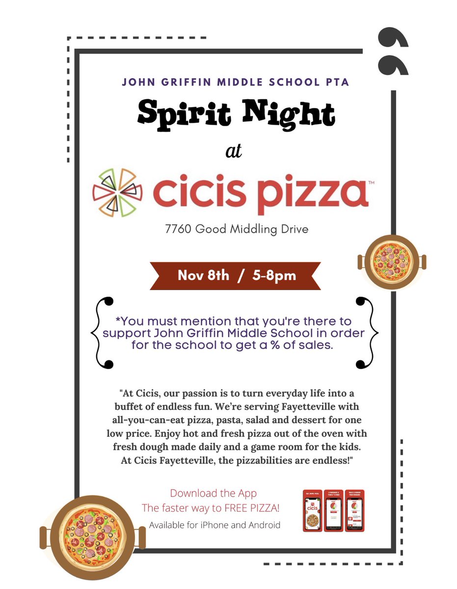 Spirit Night on 11/8. Please, come out and support.