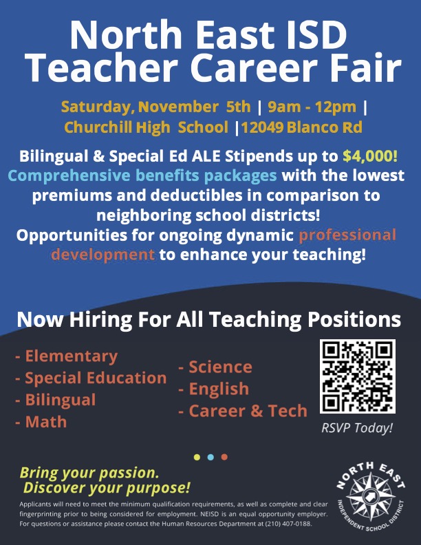 NEISD's tweet photo. North East ISD will host a Teacher Career Fair on Saturday, Nov. 5, at Churchill High School from 9 am - 12 pm. You can RSVP for the event at https://t.co/YW4ZrYNenN https://t.co/jAH9zAGIBP