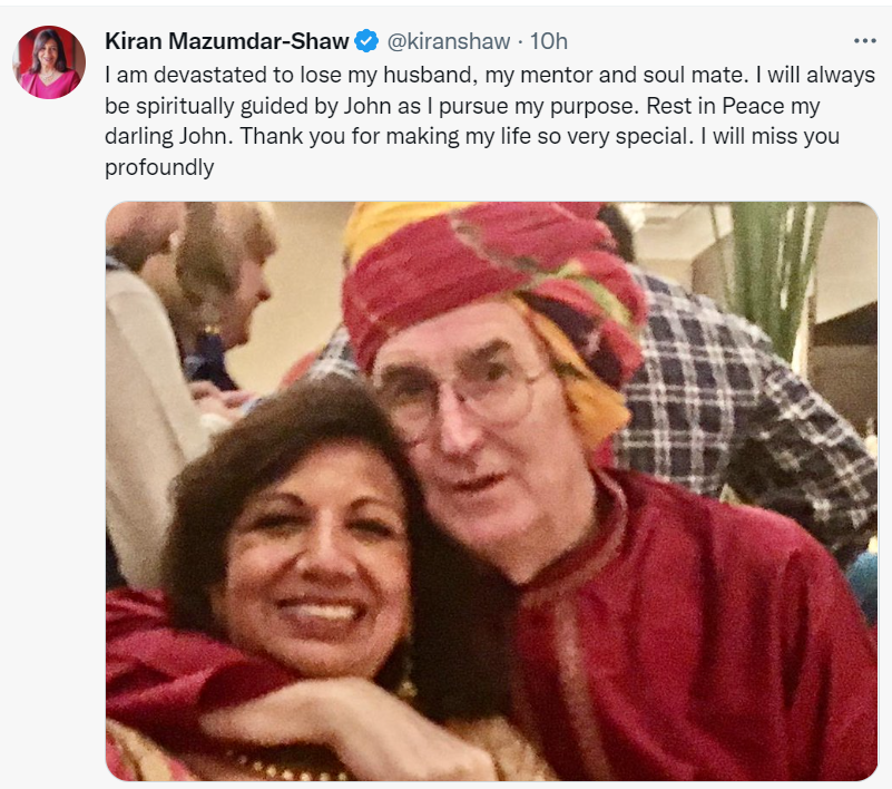 ians_india's tweet photo. #Biocon Chief #KiranMajumdarShaw, who lost her husband, stated that she is devastated. Sharing her thoughts on social media, she maintained that she will always be guided by her husband #JohnShaw.
@kiranshaw https://t.co/FQJvbZ75Bh