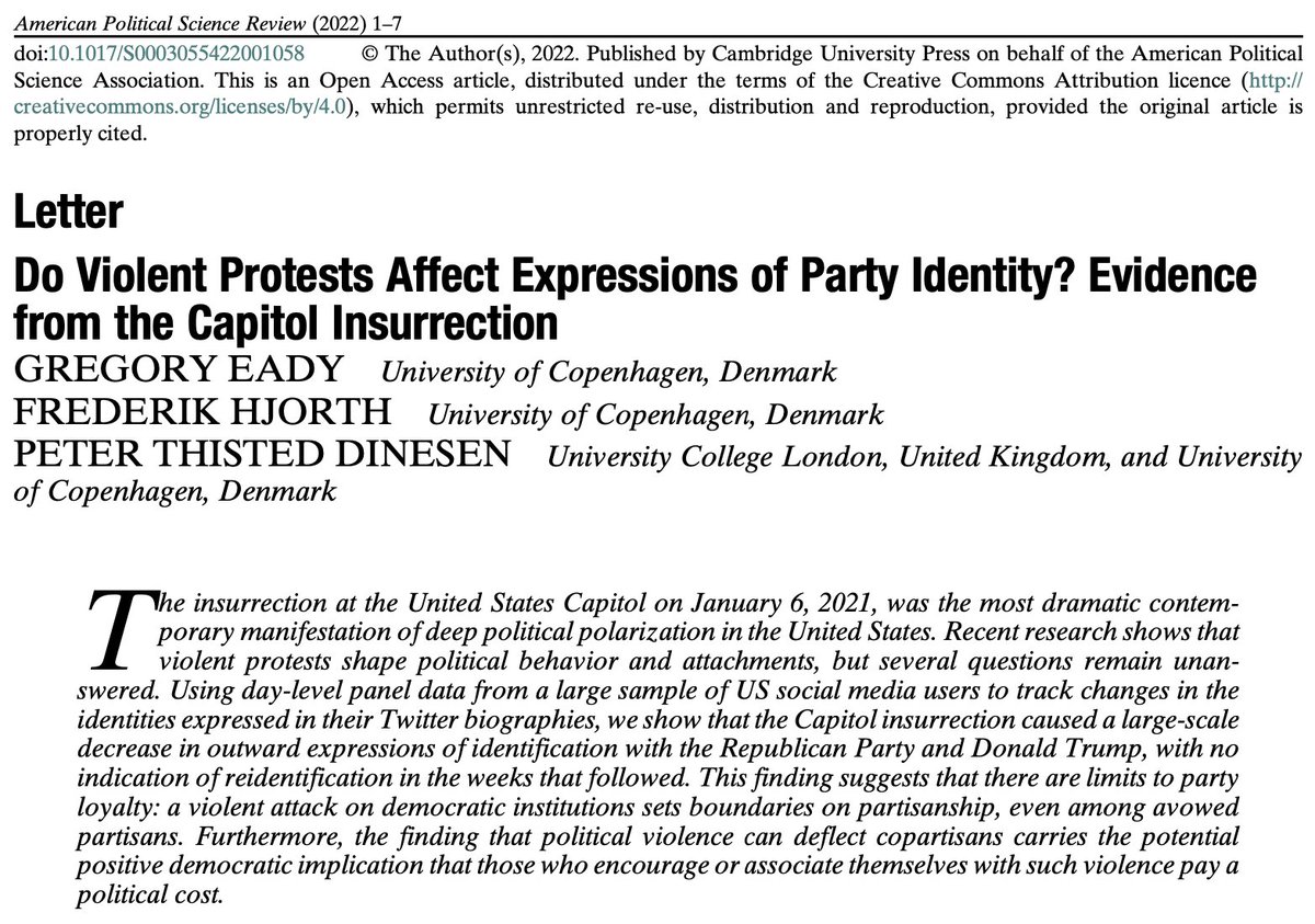 GregoryEady's tweet photo. 📢 New article in @apsrjournal on the partisan costs of political violence in the US.

We show that the January 6 insurrection caused a decrease in expressed partisan identification with the GOP (and Trump).

Paper (by @fghjorth, @ThistedPeter, me):

https://t.co/GTXzPPbQve

🧵1/ https://t.co/2XY7Wcb7Z9