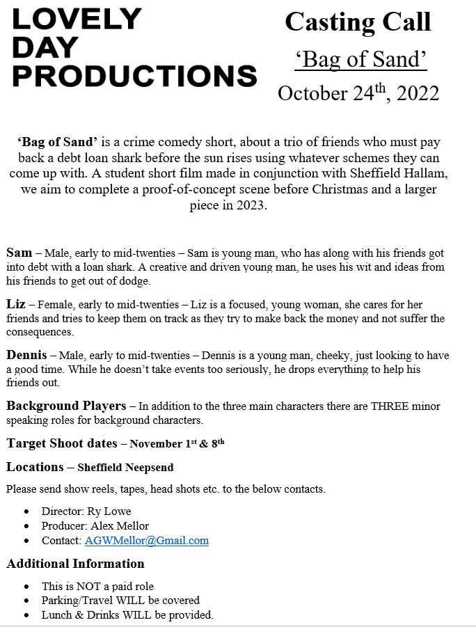 AlexMellor11's tweet photo. CASTING CALL

We are a student production group looking for actors. Leads include Two males One Female in their early to mid 20's and three back ground male characters in their early to mid twenties. Please email:
AGWMellor@gmail.com for more!
#Actors #Sheffield #SHU #Hallam https://t.co/8rHq8OWHvm
