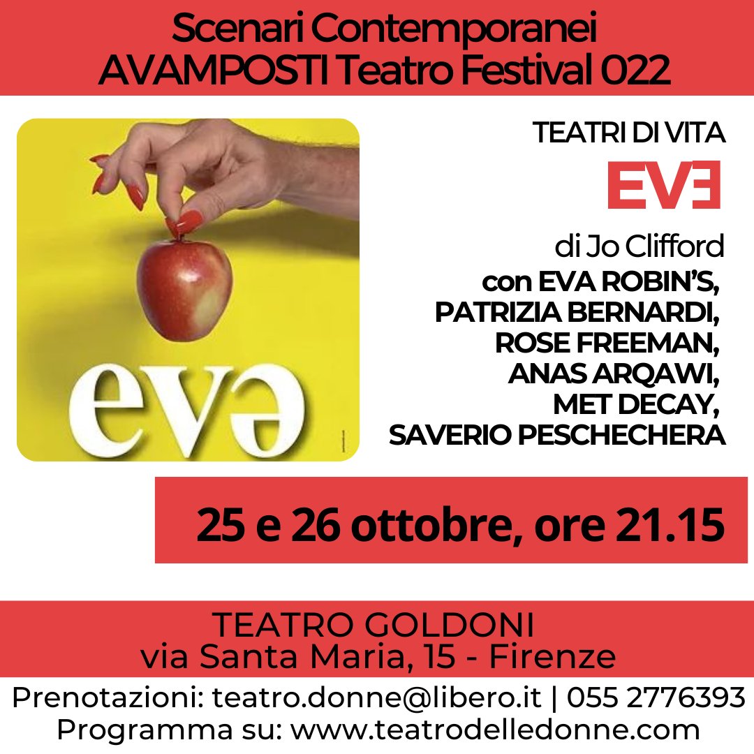 Questa sera e domani, ore 21.15, Eva Robin's al Teatro Goldoni di Firenze: da non perdere! Prenotazioni inviando mail a teatro.donne@libero.it

#teatrodelledonne #LGBTQ #firenze #teatro #cittadifirenze