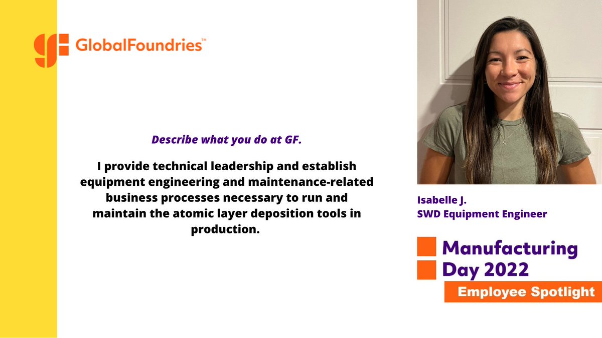 GlobalFoundries's tweet photo. #GFManufacturing Spotlight: Meet Isabelle, a member of our equipment engineering team in Malta, NY. Outside of work, Isabelle likes to exercise and spend time with friends and family.
Thank you, Isabelle, and all our manufacturing employees for driving success at GF! https://t.co/foRowSZOeV