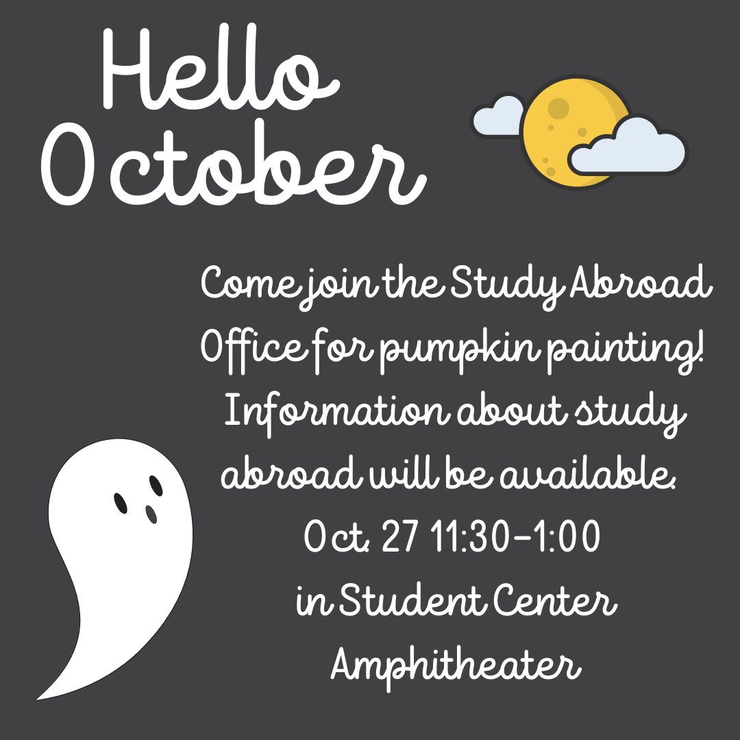 usa_studyabroad's tweet photo. Come join us in the Student Center Mall this Thursday to get into the Halloween spirit by painting some pumpkins. We'll have information about studying abroad available and answers to any questions you bring. #JagsAbroad #GlobalUSA #WeAreSouth https://t.co/lK1ttvZ86V