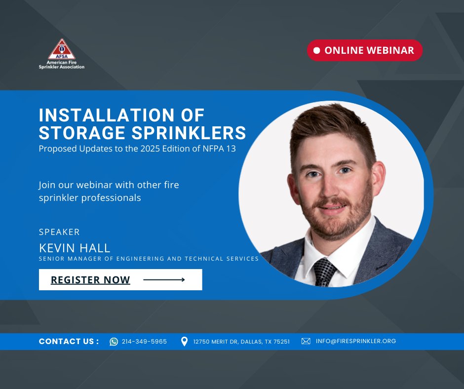 AFSA's tweet photo. Sprinklers in storage units...what are the requirements? π€
Don't miss this webinar THIS THURSDAY, led by our very own Kevin Hall. Make sure to register NOW because registration cut-off is TOMORROW night!
#AFSATrain #SafewithAFSA #TrainTodayAFSA #LearnandEarn https://t.co/iPCekcgmX0