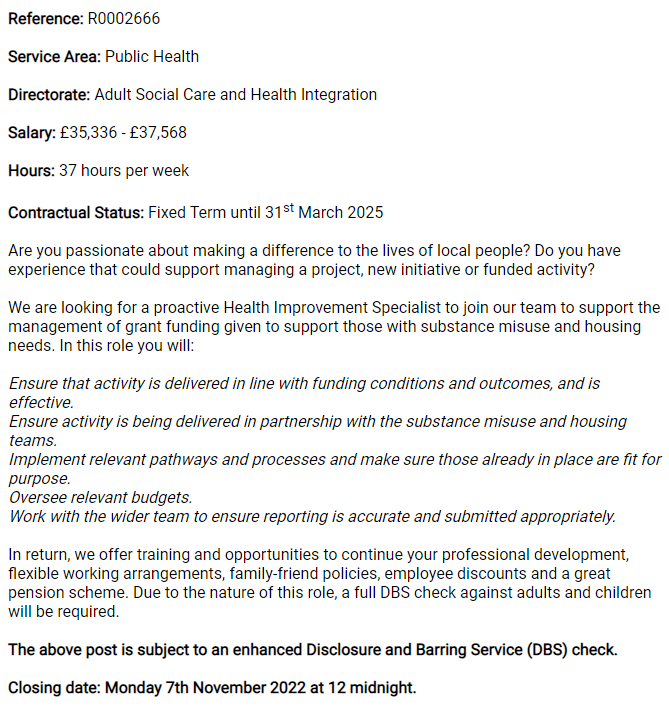 Health Improvement Specialist - Substance Misuse and Housing Needs Public Health South Tees (hosted by Middlesbrough Council) Middlesbrough £35,336 - £37,568 Closes 07/11 ce0197li.webitrent.com/ce0197li_webre…