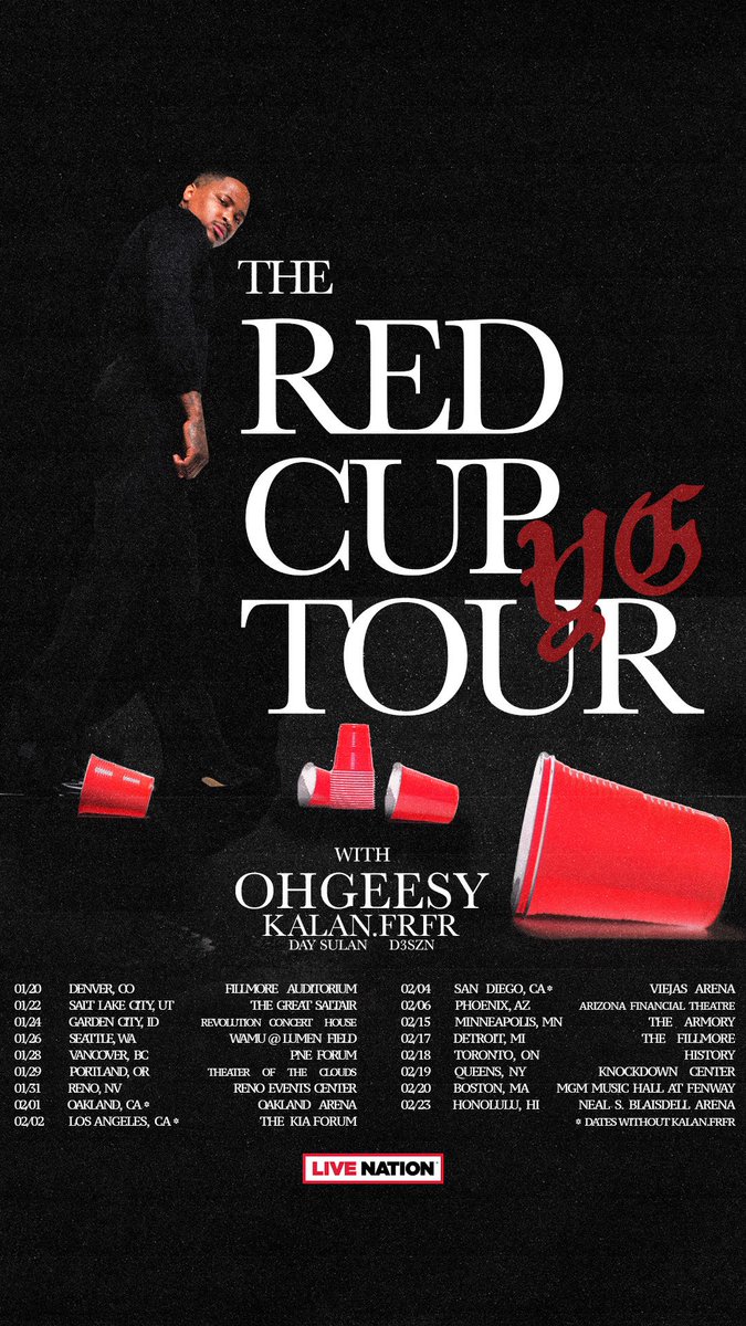 YG's tweet photo. THE RED CUP TOUR with
@OHGEESY &amp; @kalanfrfr 
“Artist Presale Password: TURNMEUP”
available now https://t.co/eT3q4bwK6z link in Bio
@daysulan n @d3szn with me too https://t.co/Vb1z53mT2X