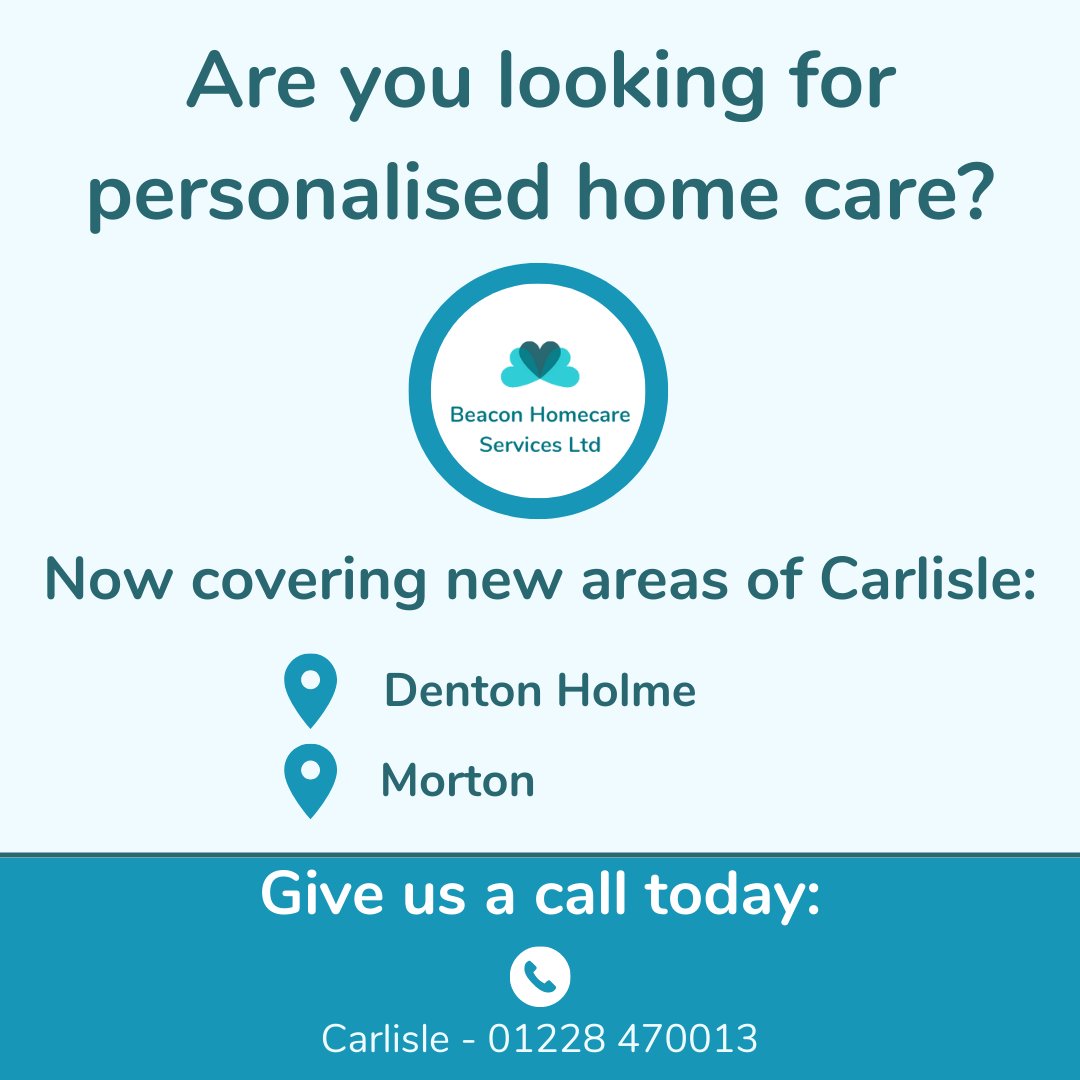 Beacon Homecare are now cover NEW AREAS in CARLISLE

📍Denton Holme
📍Morton

We work with you or your loved ones to keep as much independence as possible.

📞Carlisle – 01228 470013
📧lisa@beaconhomecarecumbria.co.uk
🌐bit.ly/beaconhomecare

#caregiving #carlislecare #homecare
