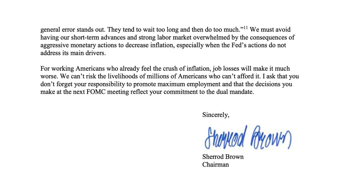 For working Americans who already feel the crush of inflation, job losses will only make it worse. That’s why @SenSherrodBrown is reminding Chair Powell that the @federalreserve must promote stable prices AND max employment.