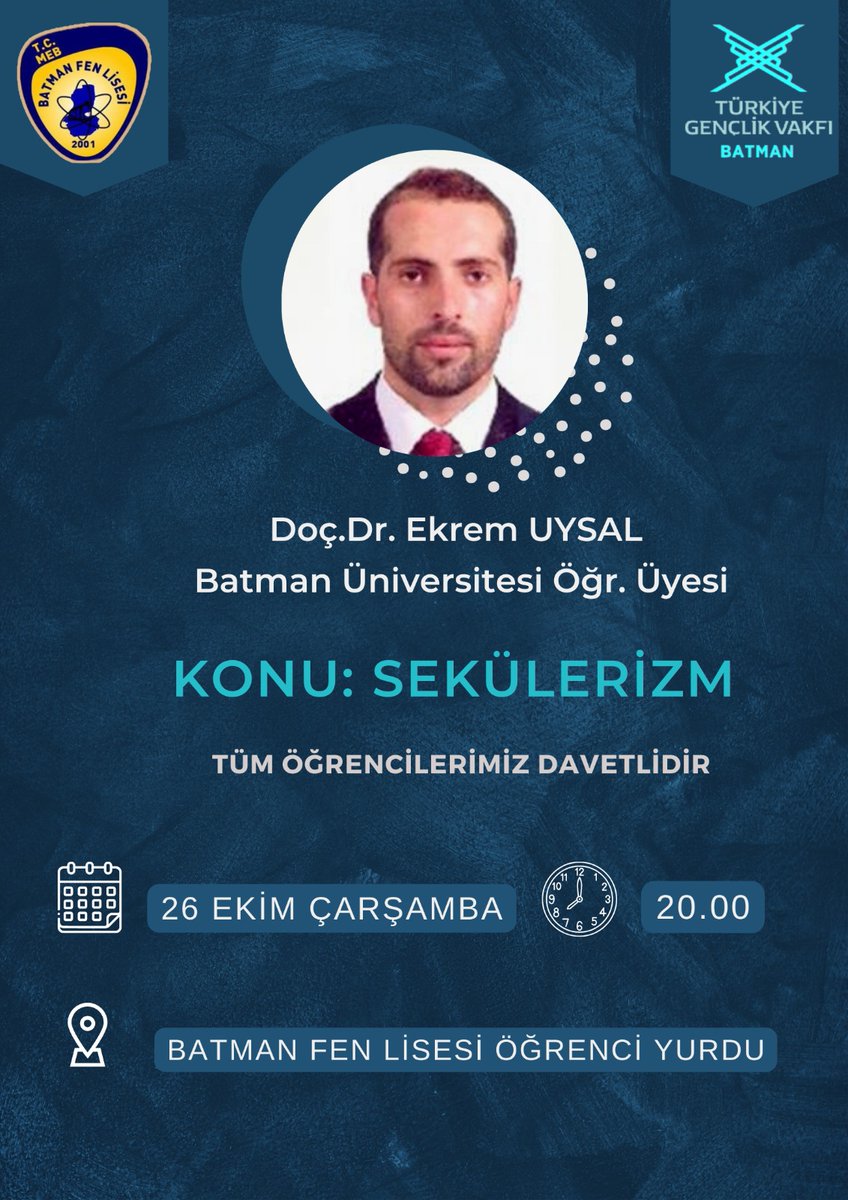 tugvabatman's tweet photo. Hedefi gelecek olan gençlerimiz ile buluşuyoruz.💙
Alanında uzman Doç.Dr. Ekrem UYSAL hocamız gençlerin sorularını yanıtlamak için geliyor.😇
🗓️ 26 Ekim Çarşamba
🕗 20.00
📍Batman Fen Lisesi Öğrenci Yurdu
#İşimizGücümüzGençlik https://t.co/DXZEP17jej