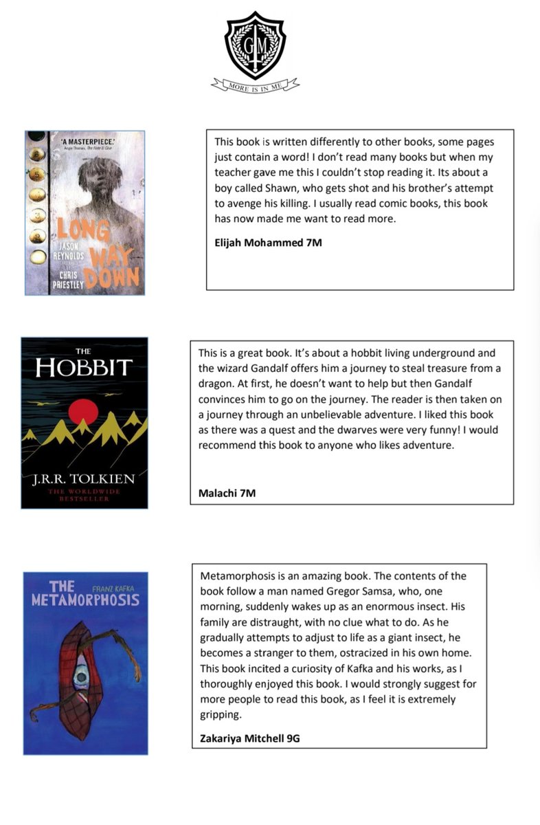 DepartmentGm's tweet photo. The best reads for the students, by the students. Why I love reading the October 2022 edition: From Kafka to Tolkien, an amazing array of reads 📖  @gmatschool @jackainsworth65 ❤ https://t.co/QUJjOa00E3